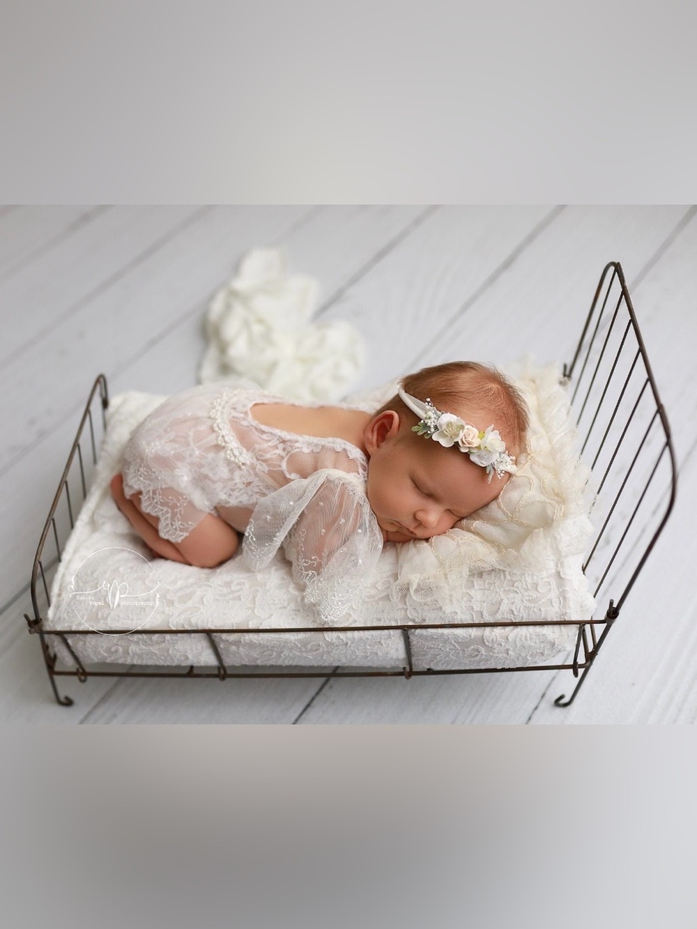 Newborn Boho Outfit w/ Floral Baby Headband. Lace & Pearls. Like New!